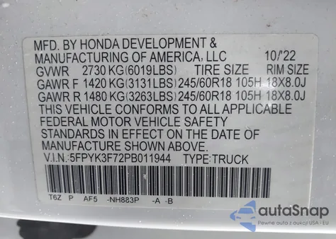 2023 Honda Ridgeline Rtl-E z USA, uszkodzony, nr VIN 5FPYK3F72PB011944